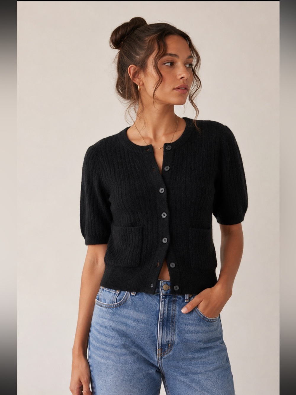Madewell Alpaca Blend Patch Pocket Puff Sleeve Cardigan